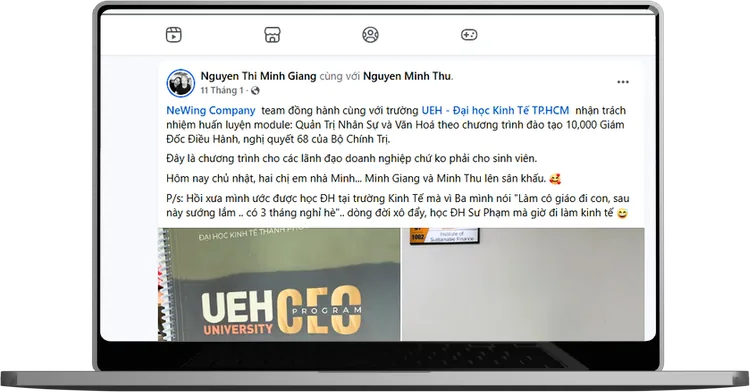 Bài đăng về hợp tác giữa Newing và Đại học Kinh tế TPHCM (UEH) hiển thị trên màn hình laptop