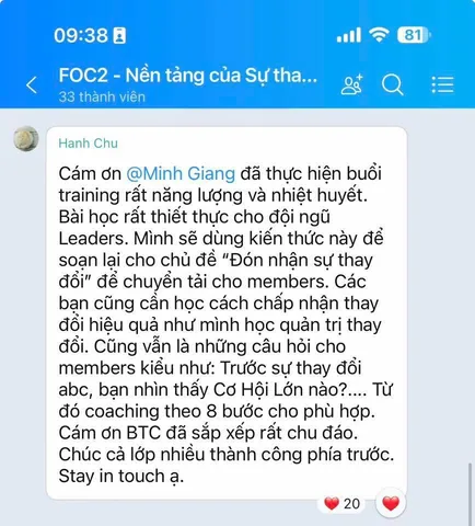 Tin nhắn cảm ơn của học viên trong nhóm FOC2