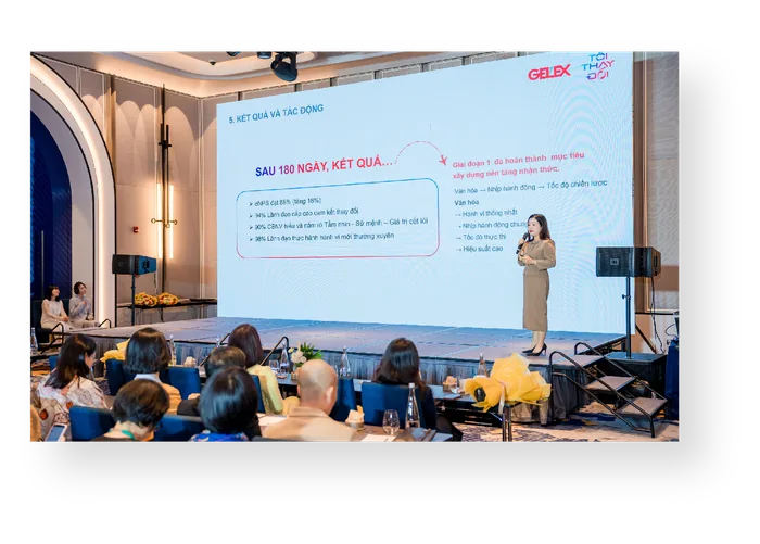 Diễn giả chia sẻ trước màn hình trình chiếu