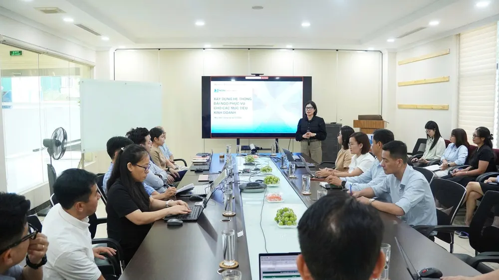 Phòng workshop tại NSN: màn hình lớn trình chiếu slide «Xây dựng hệ thống đãi ngộ phục vụ cho các mục tiêu kinh doanh», các thành viên ngồi quanh bàn họp dài