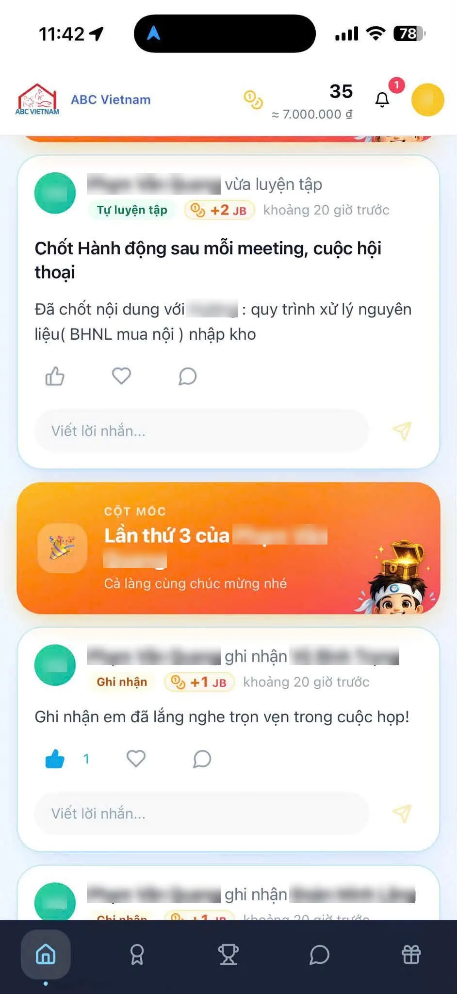 Ảnh chụp màn hình ứng dụng Sprint Joy trên điện thoại: bảng xếp hạng thực hành hành vi của đội ngũ ABC Việt Nam