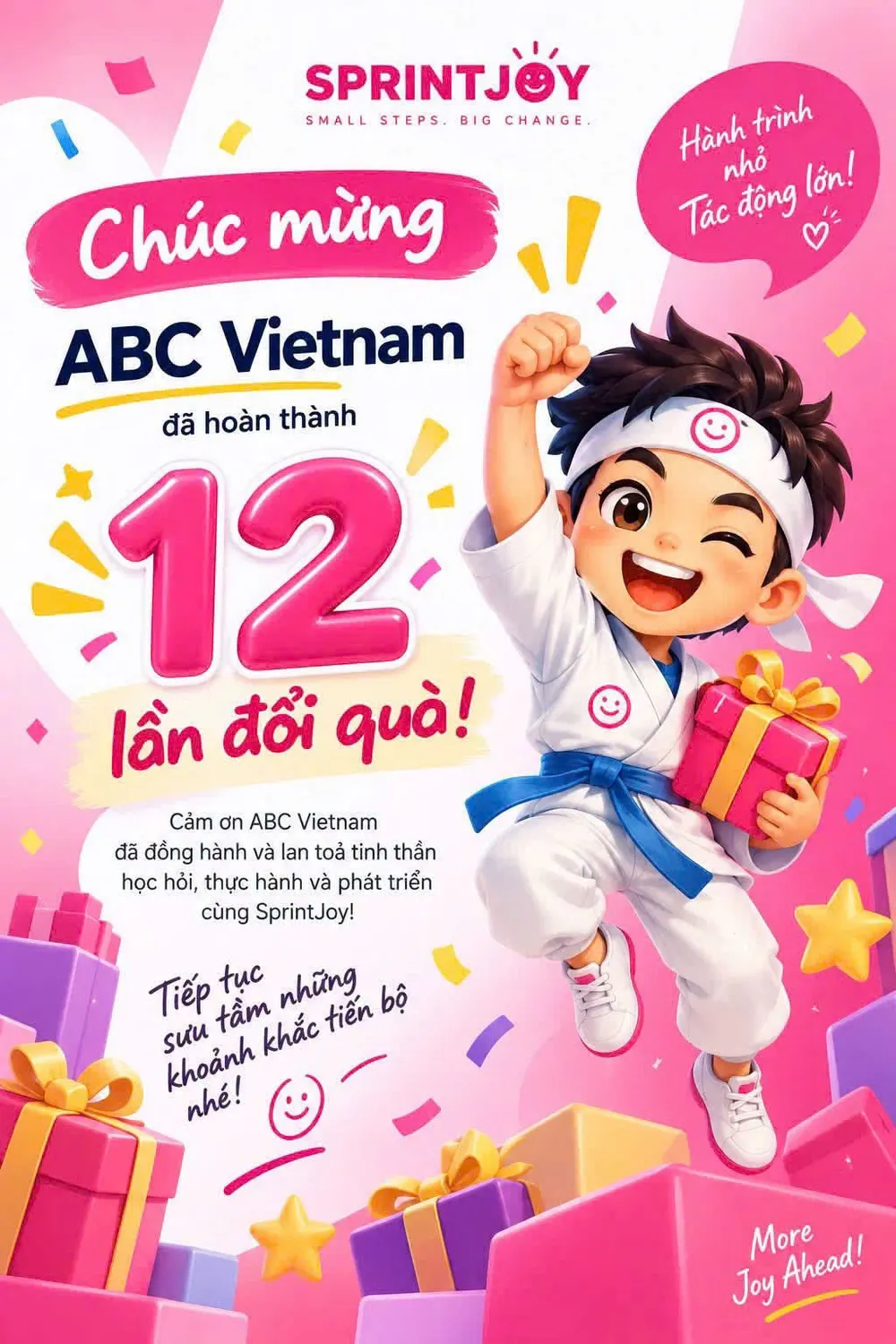 Poster Sprint Joy – Small steps. Big change. Hành trình nhỏ, tác động lớn: chúc mừng ABC Vietnam hoàn thành 12 lần đổi quà